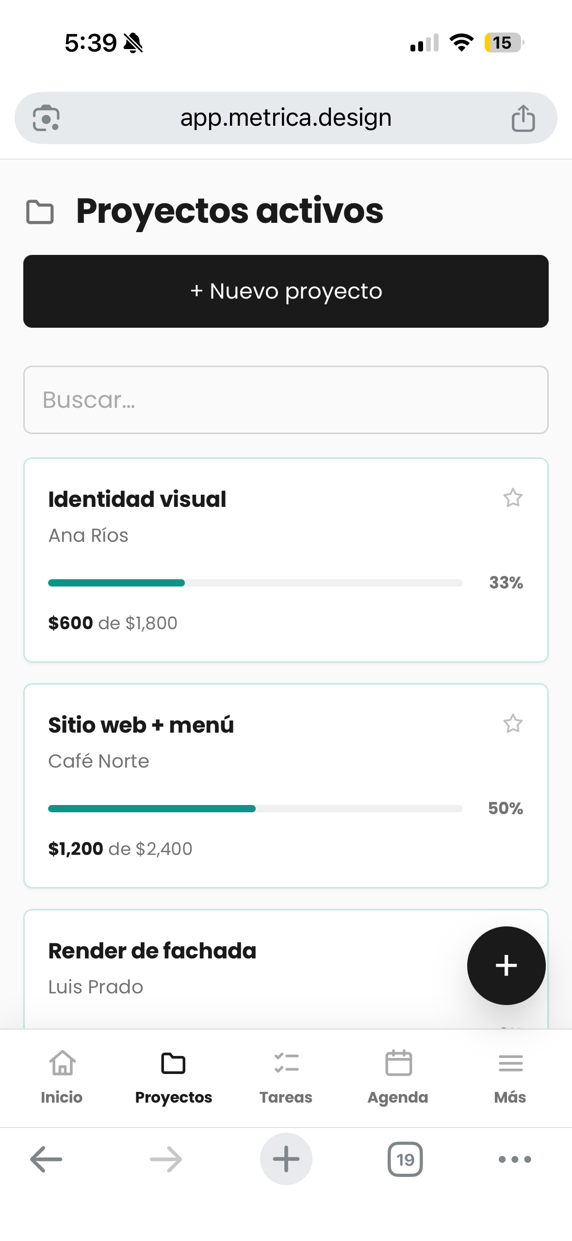 Proyectos móviles reales de Métrica en modo claro