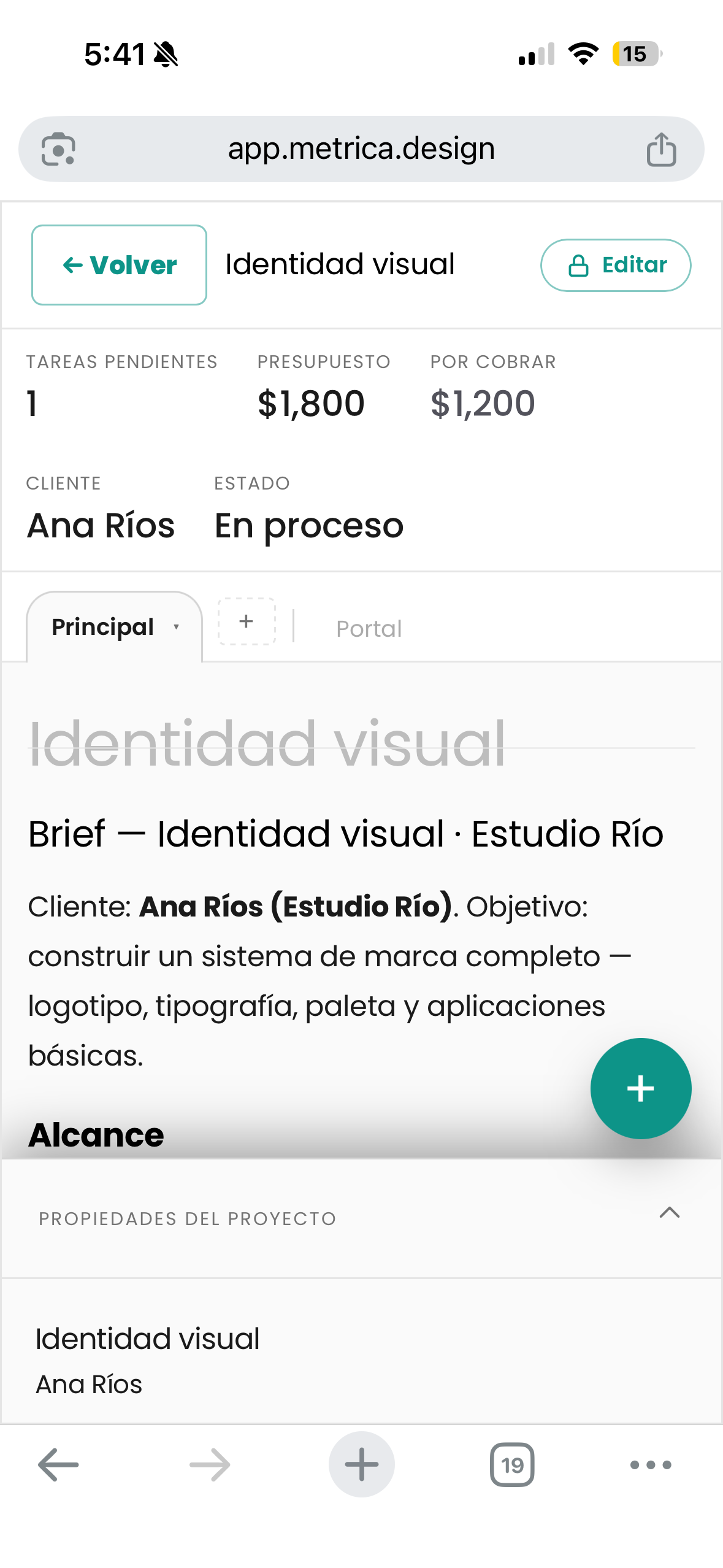 Workspace móvil real de Métrica en modo claro