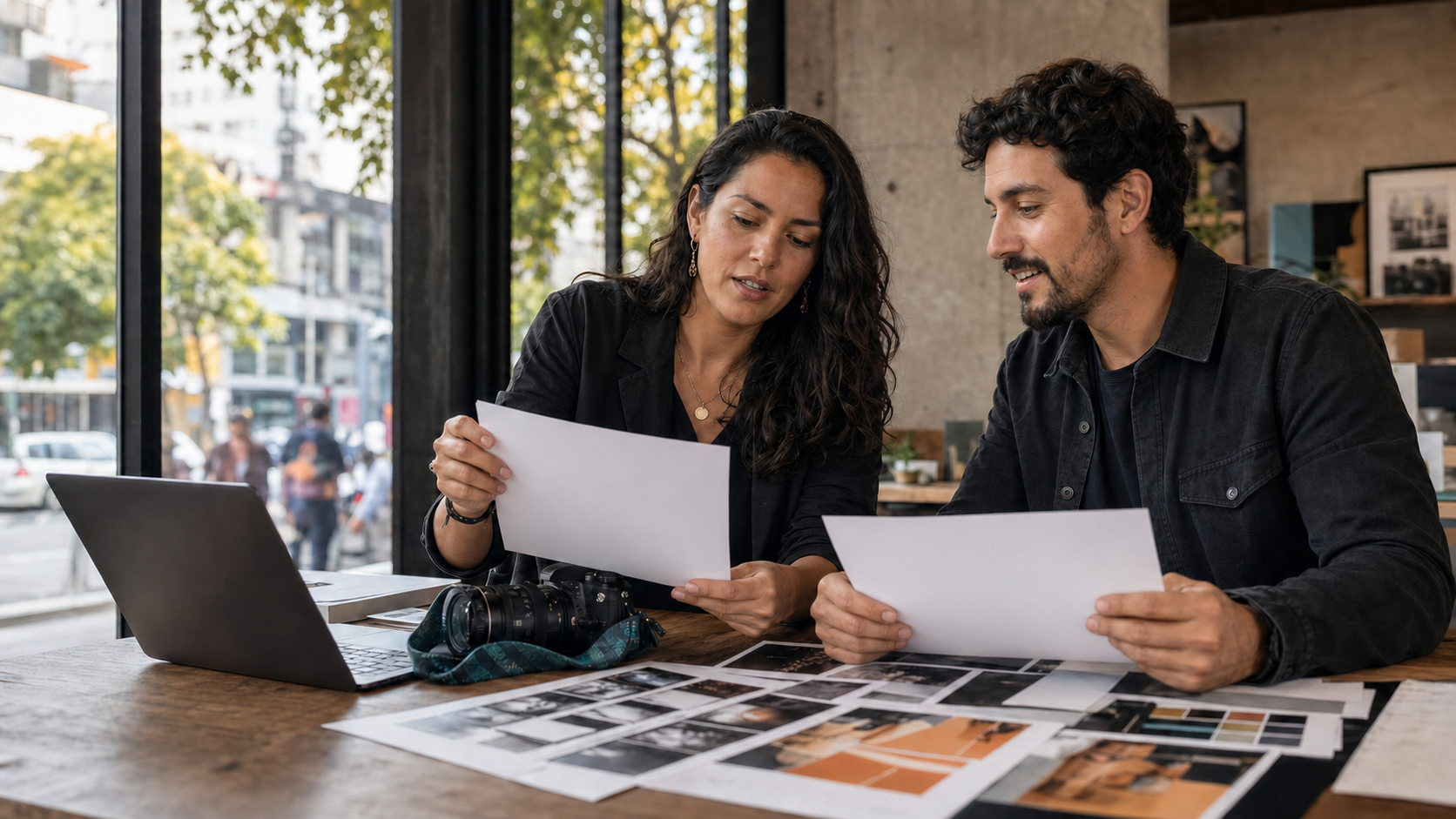 Profesionales creativos revisando material impreso, con rostros visibles